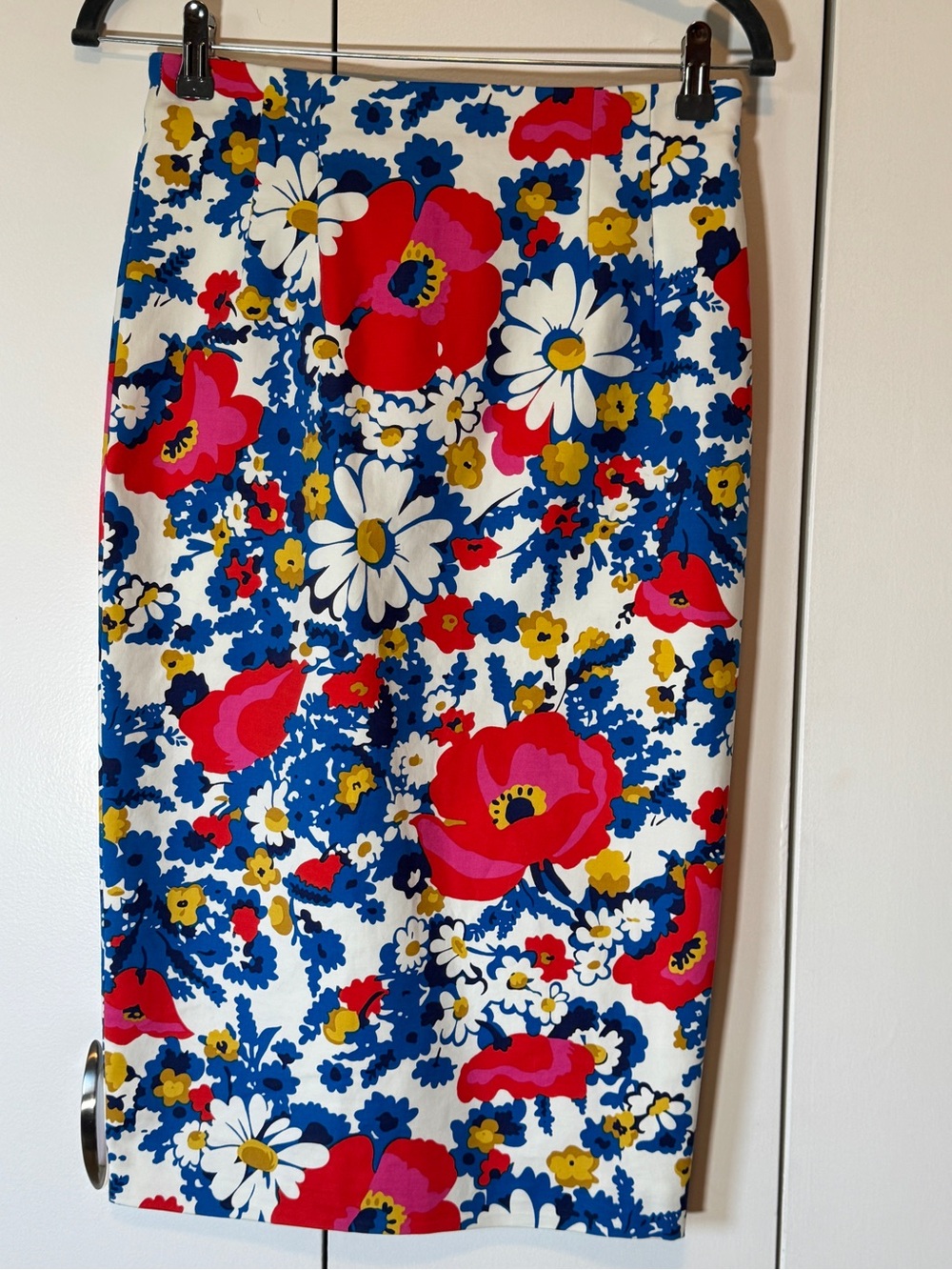 Boden White Floral Pencil Skirt with Blue, Red and Yellow Accents